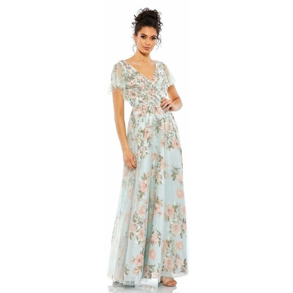 Mac Duggal Floral Flutter Sleeve V- Neck Maxi Dress Multicolor Size 8 NWT - Picture 2 of 12
